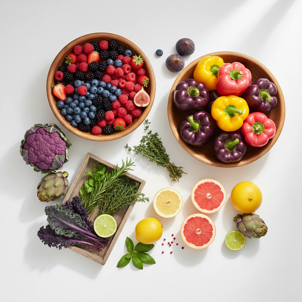 Colourful overhead arrangement of whole fruits, vegetables, and botanical plants - the natural sources behind Wellaray Coffee ingredients