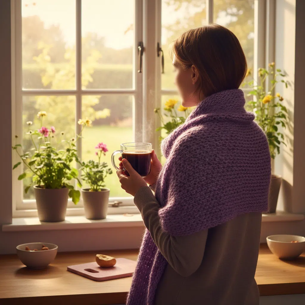 Anonymous person holding a glass mug of morning coffee at a bright kitchen window