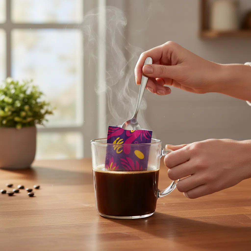 Close-up of hands stirring a Wellaray Coffee sachet into a steaming coffee mug