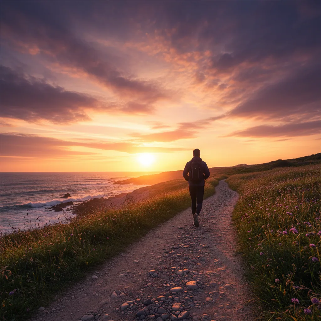 Anonymous silhouette of a person walking along a coastal path at sunset - food supplement to complement active lifestyle